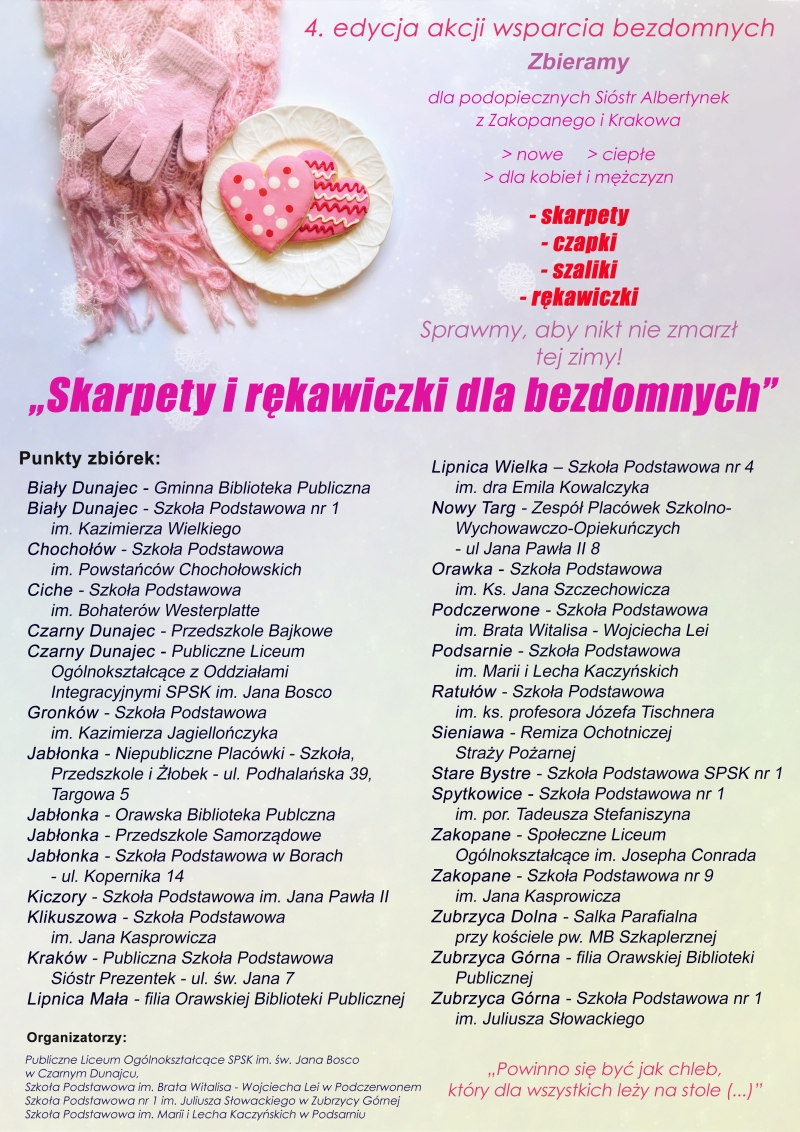 Plakat z informacjami dotyczącymi akcji ,,Skarpetki i rękawiczki dla bezdomnych".