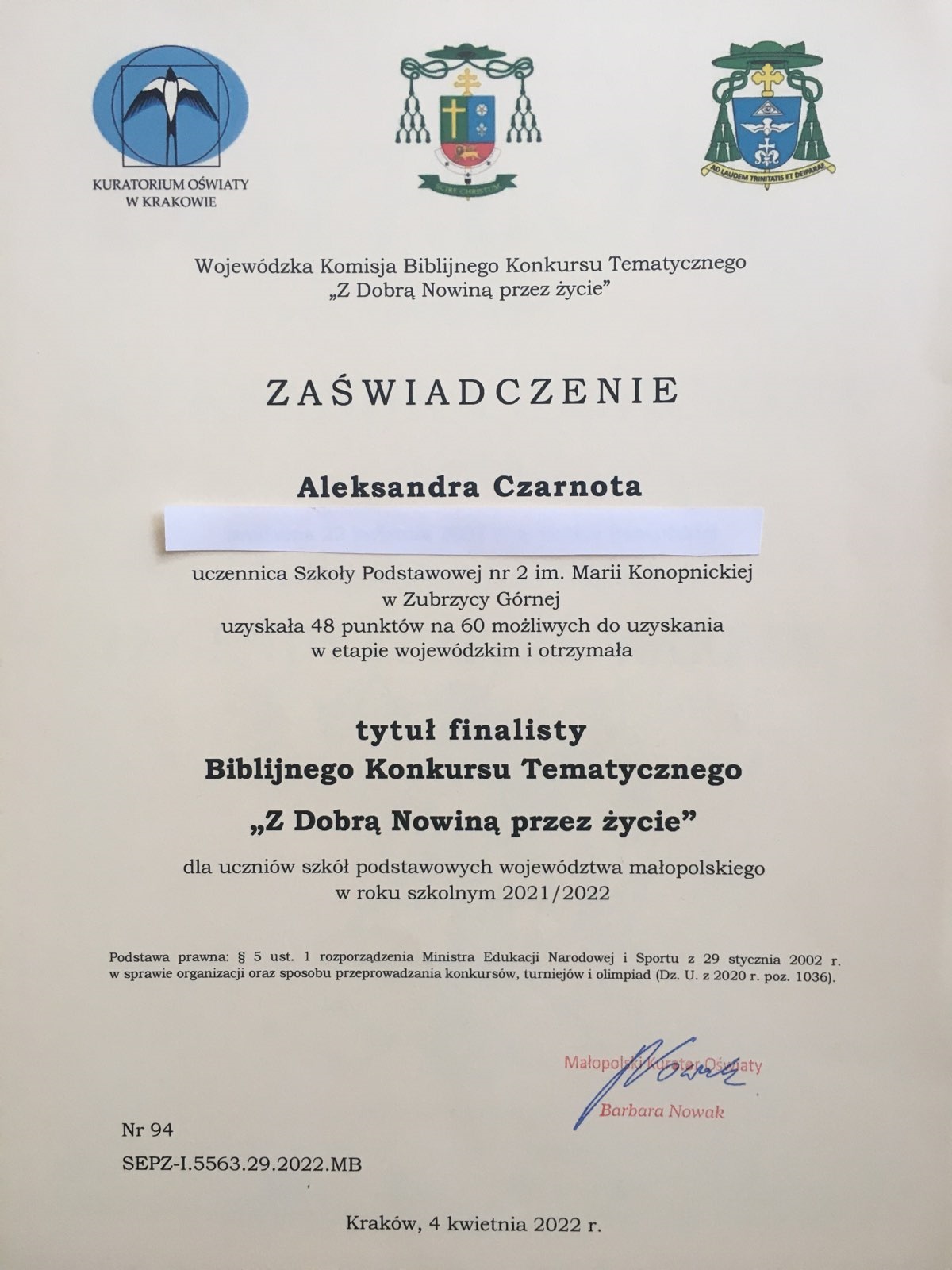 Zaświadczenie potwierdzające otrzymanie tytułu finalisty Biblijnego Konkursu Tematycznego Z Dobrą Nowiną przez życie